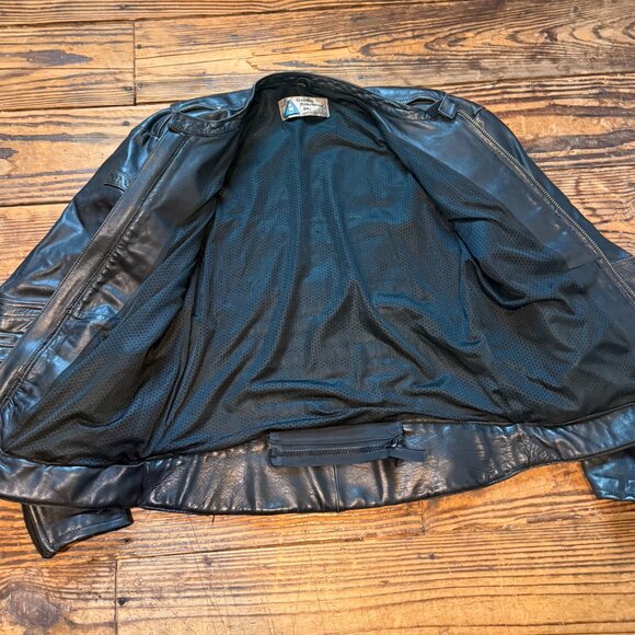 VINTAGE Leather Motorcycle Jacket Black Size 46 Tall Padded Vented Elbow Pads - Picture 9 of 14